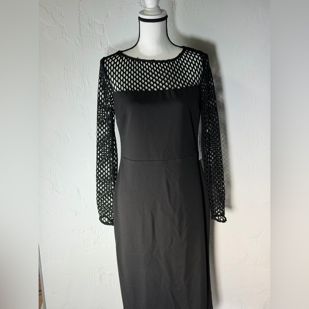 Black Long Sleeve Mesh Yoke Sheath Dress